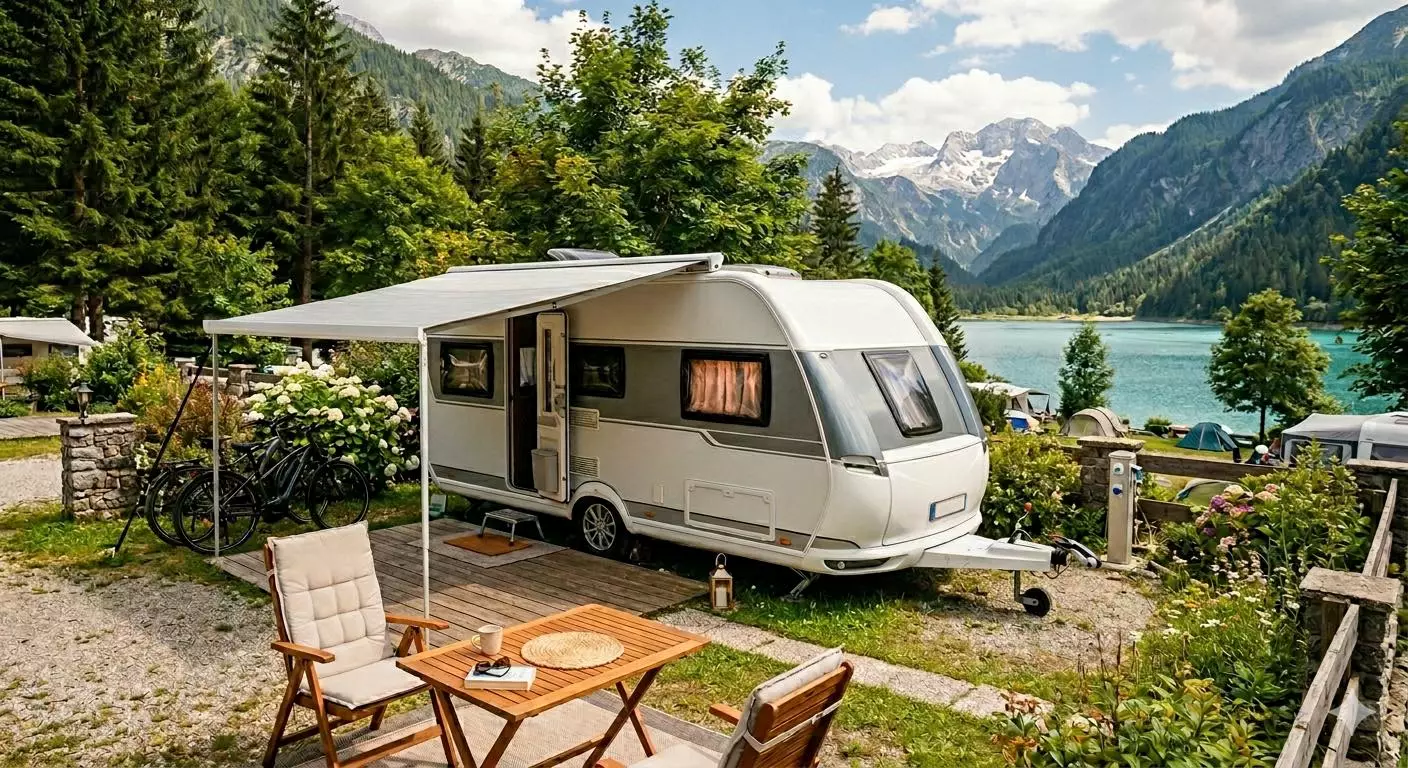 caravan in paesaggio con lago